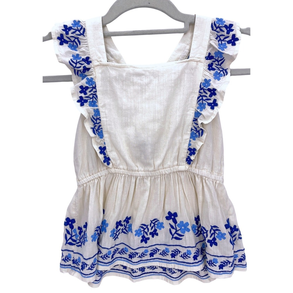 Old Navy Cream Blue Embroidered Ruffle Peplum Top M 8 Cross Back Floral Boho
